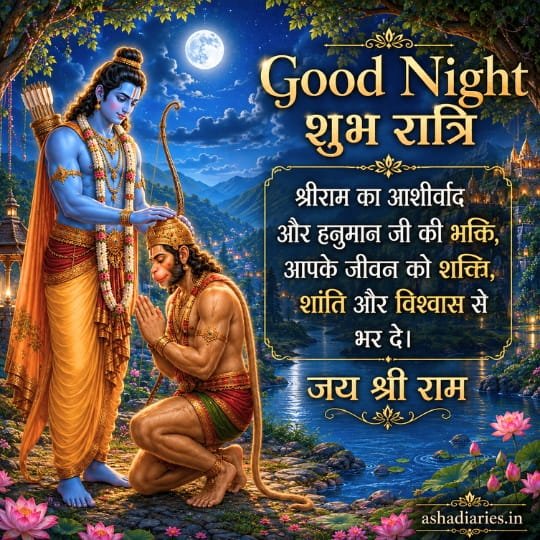Shri Ram and Hanuman good night image with divine blessings, moonlit forest, Hindi शुभ रात्रि message and Jai Shri Ram