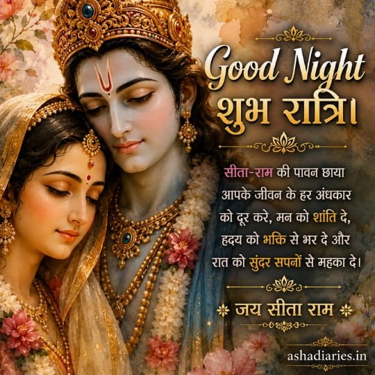 Sita Ram Good Night image with divine couple portrait, Jai Sita Ram and peaceful night blessings