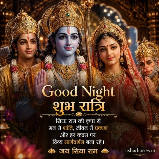 Sita Ram Good Night image with Lakshman and Hanuman Ji in divine Ram Darbar with Jai Siya Ram blessing