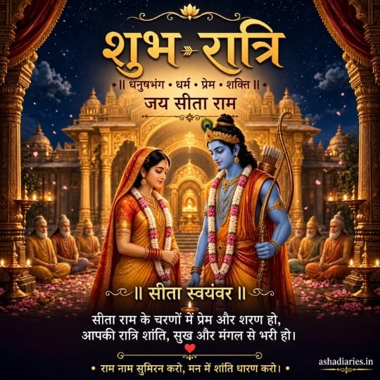 Sita Swayamvar Good Night image with Shri Ram and Mata Sita, Jai Sita Ram devotional blessings