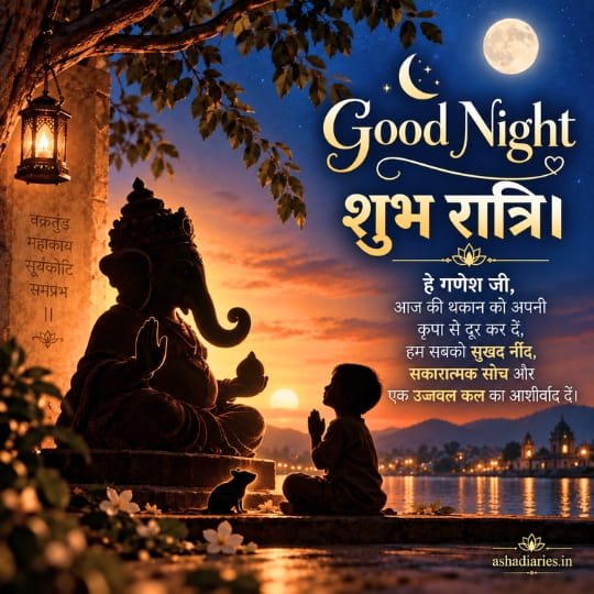 Ganesh Ji Good Night image with Lord Ganesha silhouette, praying child, शुभ रात्रि wishes, full moon and peaceful lakeside blessings