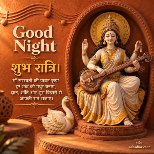Maa Saraswati Good Night image with Veena and swan in traditional clay art style