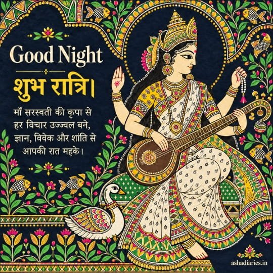 Maa Saraswati Good Night image in Madhubani art with Veena and swan