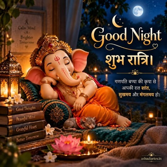 Ganesh Ji Good Night image with sleeping Bal Ganesh, शुभ रात्रि wishes, full moon, glowing lantern and peaceful night blessings