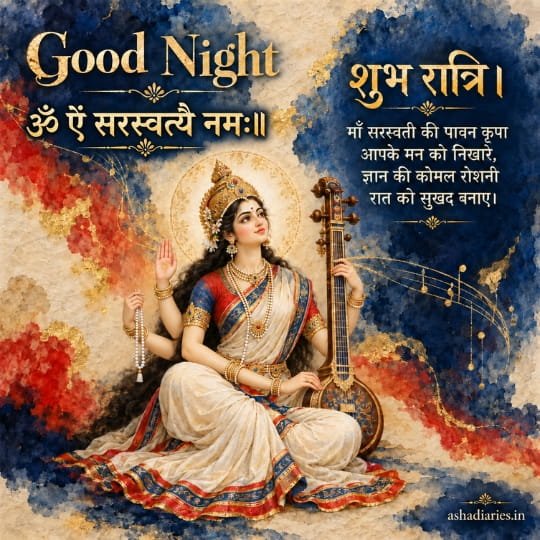 Maa Saraswati Good Night watercolor image with Veena, mantra and शुभ रात्रि wishes